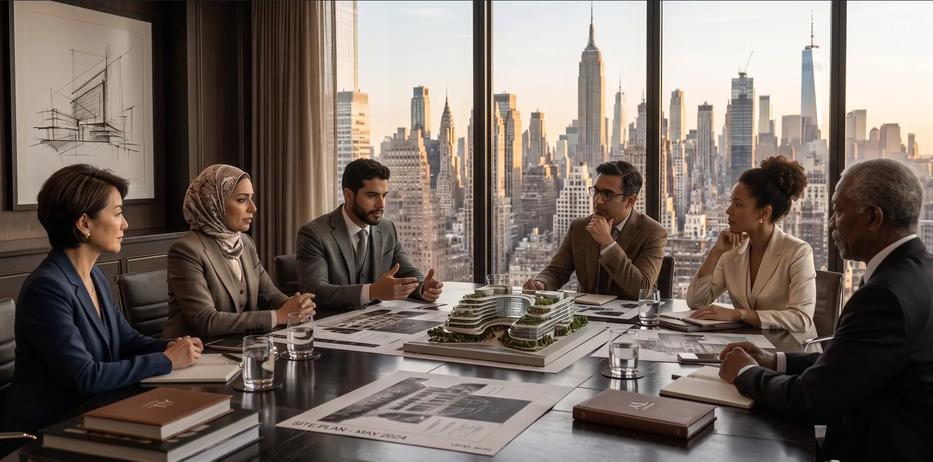 A development team reviewing plans and a building model around a conference table