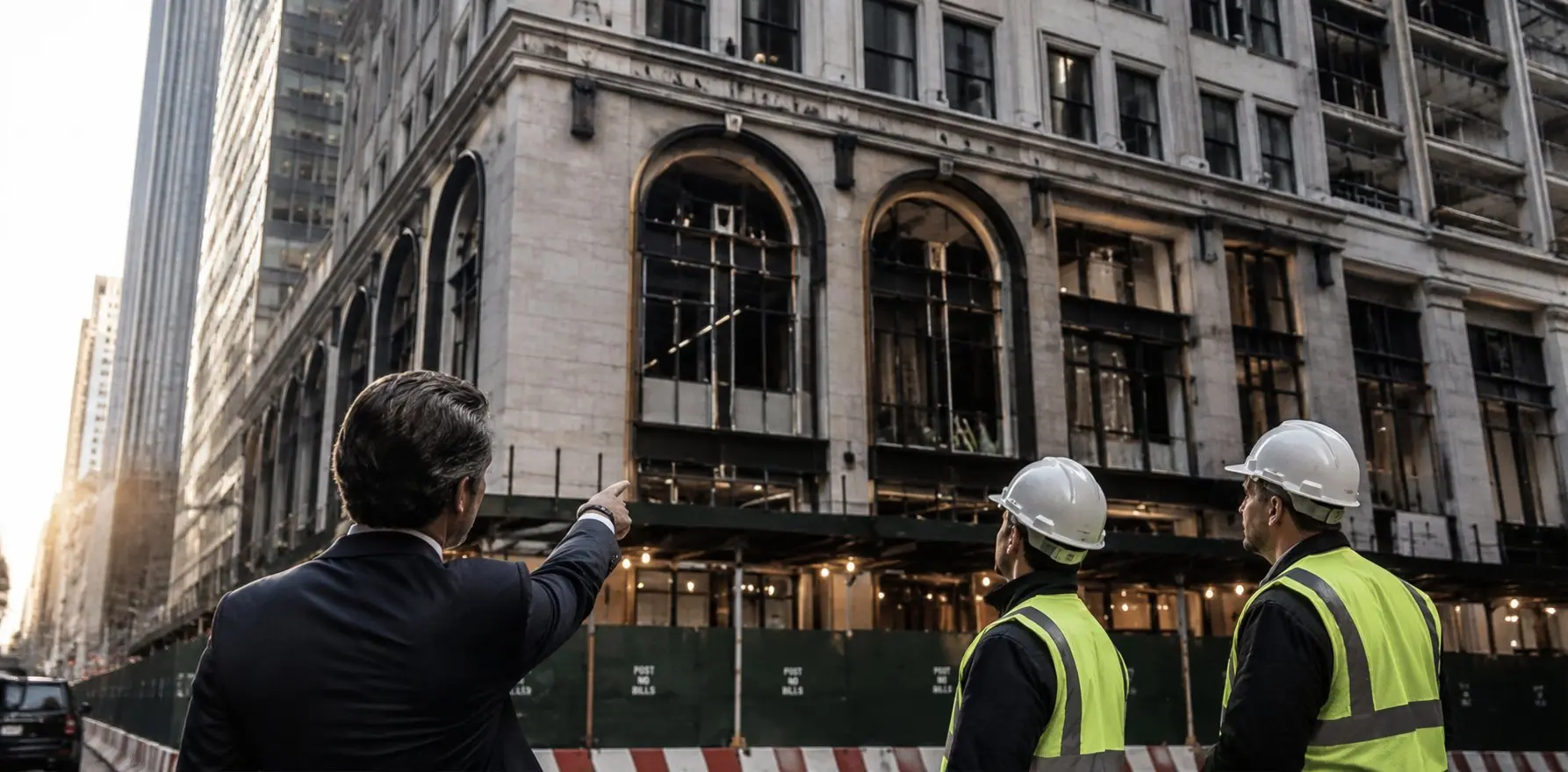 Building staff and an adviser reviewing the facade of a building under renovation